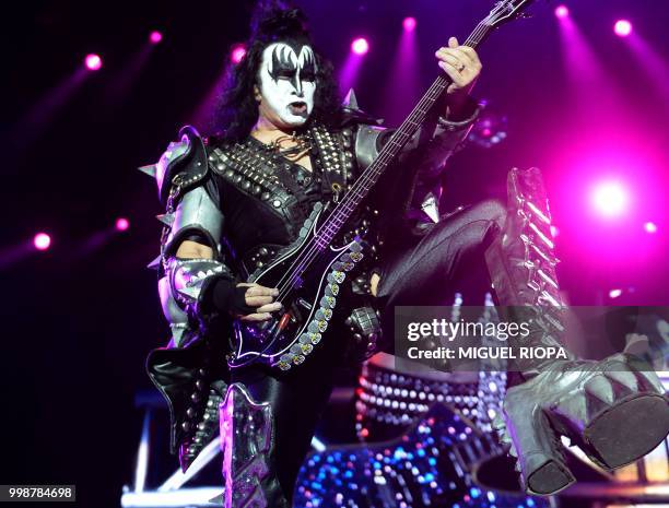 Gene Simmons, member of the hard rock band "Kiss" performs during the Resurrection Fest music festival in Viveiro, northern Spain, on July 14, 2018.