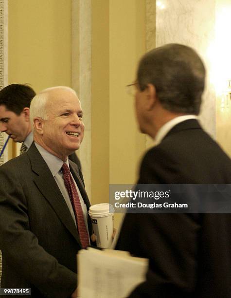 John McCain, R-Ariz., and Trent Lott, R-Miss., greet each other at the Senate Rules and Administration Committee Political Organization Tax Loopholes...