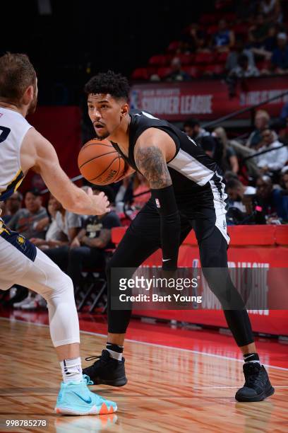Olivier Hanlan of the San Antonio Spurs handles the ball against the Indiana Pacers during the 2018 Las Vegas Summer League on July 7, 2018 at the...