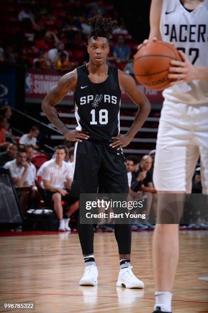 Lonnie Walker IV of the San Antonio Spurs looks on during the game against the Indiana Pacers during the 2018 Las Vegas Summer League on July 7, 2018...