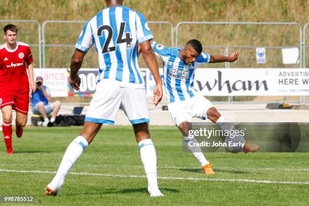 Elias Kachunga of Huddersfield Town during the pre-season friendly between Accrington Stanley and Huddersfield Town at The Crown Ground,on July 14,...