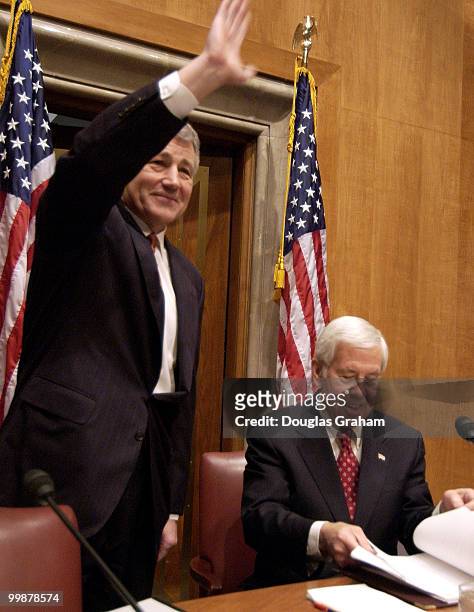 Chuck Hagel, R-Neb. Greets John McCain, R-AZ., as Chairman Richard Lugar, R-IN., looks on at the Senate Foreign Relations Committee U.S.-Mexico...