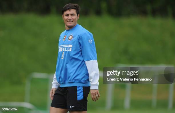 Javier Zanetti of FC Internazionale Milano attends an FC Internazionale Milano training session during a media open day on May 18, 2010 in Appiano...