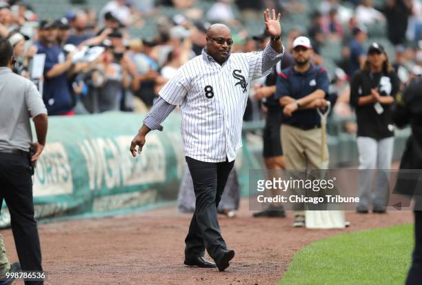 Former player Bo Jackson is announced as the 1993 American League West Division Championship White Sox team is honored before a game against the...