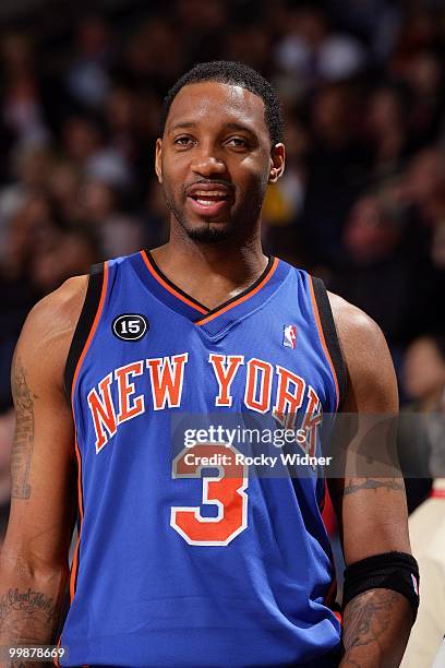 Tracy McGrady of the New York Knicks looks on during the game against the Golden State Warriors at Oracle Arena on April 2, 2010 in Oakland,...