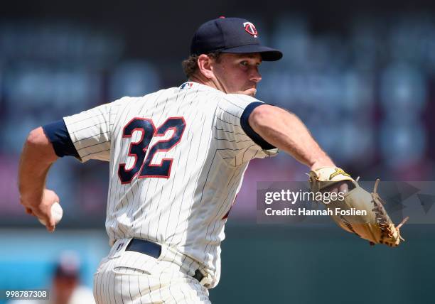 Zach Duke of the Minnesota Twins delivers a pitch against the Tampa Bay Rays during the seventh inning of the game on July 14, 2018 at Target Field...