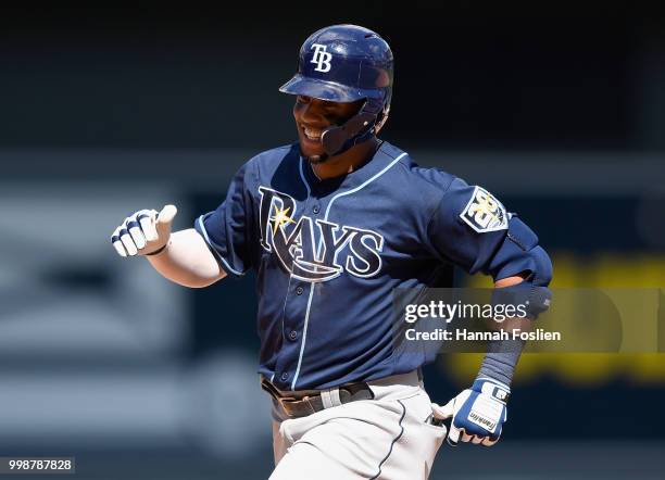 Carlos Gomez of the Tampa Bay Rays rounds the bases after hitting a solo home run against the Minnesota Twins =d9o= of the game on July 14, 2018 at...