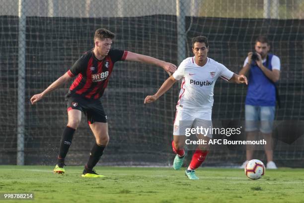Jack Simpson of Bournemouth in action during AFC Bournemouth v Sevilla, pre-season friendly, at La Manga Club Football Centre on July 14, 2018 in...
