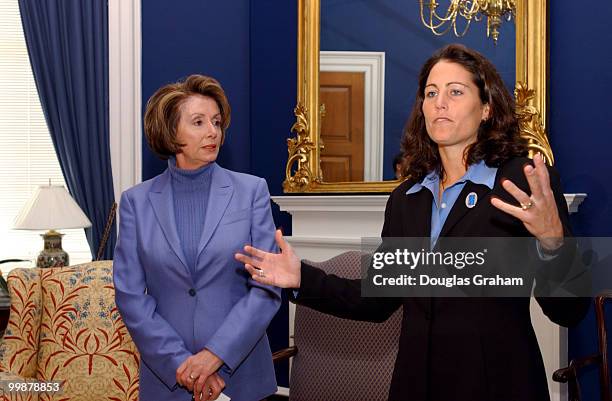 Nancy Pelosi, D-Calif., Minority Leader; Holly Hunter, actress; Julie Foudy, Olympic soccer player during a meeting to discuss Title IX funding.