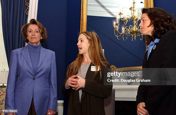 Nancy Pelosi, D-Calif., Minority Leader; Holly Hunter, actress; Julie Foudy, Olympic soccer player during a meeting to discuss Title IX funding.