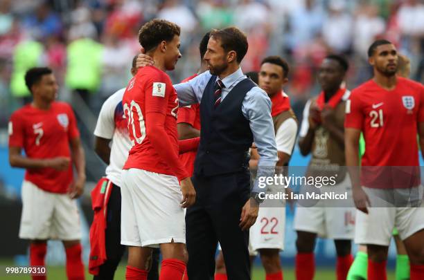 England manager Gareth Southgate and Dele Alli of England are seen during the 2018 FIFA World Cup Russia 3rd Place Playoff match between Belgium and...