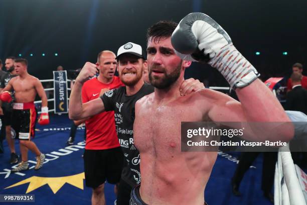 Rocky Fielding of Great Britain celebrates after winning the WBA Super Middelweight World Championship title between Tyron Zeuge and Rocky Fielding...