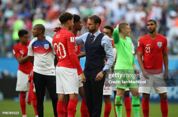 England manager Gareth Southgate and Dele Alli of England are seen during the 2018 FIFA World Cup Russia 3rd Place Playoff match between Belgium and...