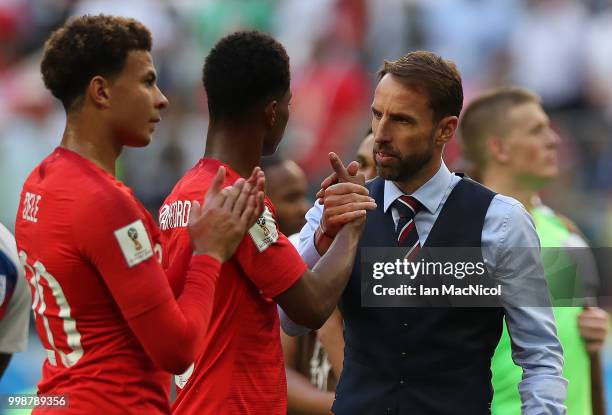 England manager Gareth Southgate and Marcus Rashford of England are seen during the 2018 FIFA World Cup Russia 3rd Place Playoff match between...