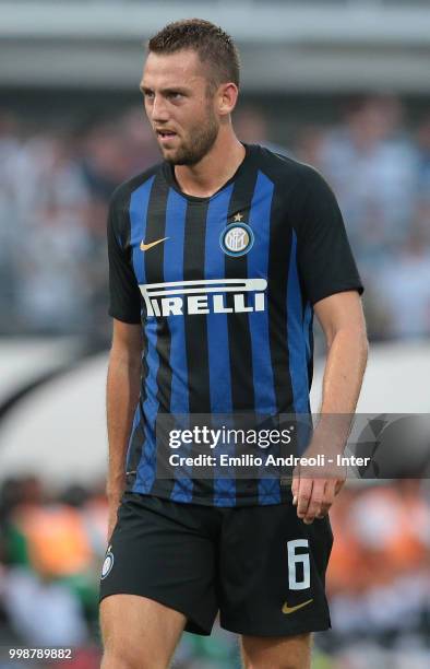 Stefan De Vrij of FC Internazionale looks on during the pre-season friendly match between Lugano and FC Internazionale on July 14, 2018 in Lugano,...