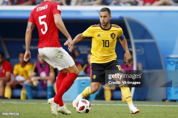 John Stones of England, Eden Hazard of Belgium during the 2018 FIFA World Cup Play-off for third place match between Belgium and England at the Saint...