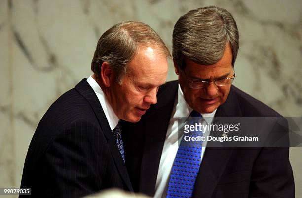 Don Nickles, R-OK., and Trent Lott, R-Miss., talk during the Senate Finance Committee, full committee hearing on John Snow to be secretary of the...