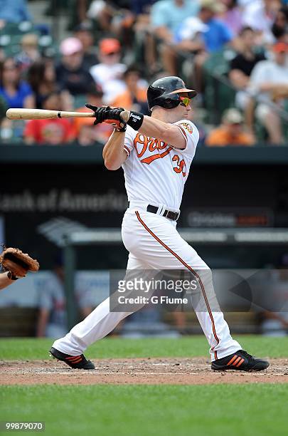 Luke Scott of the Baltimore Orioles bats against the Cleveland Indians at Camden Yards on May 16, 2010 in Baltimore, Maryland.