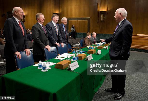 Chairman Patrick Leahy, D-VT., greets Former Undersecretary of State for Political Affairs Thomas Pickering; retired Vice Adm. Lee Gunn, former...