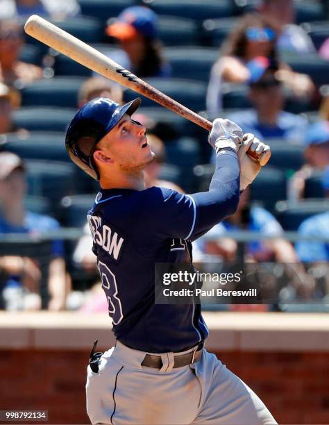 Joey Wendle of the Tampa Bay Rays follows through in an interleague MLB baseball game against the New York Mets on July 8, 2018 at Citi Field in the...