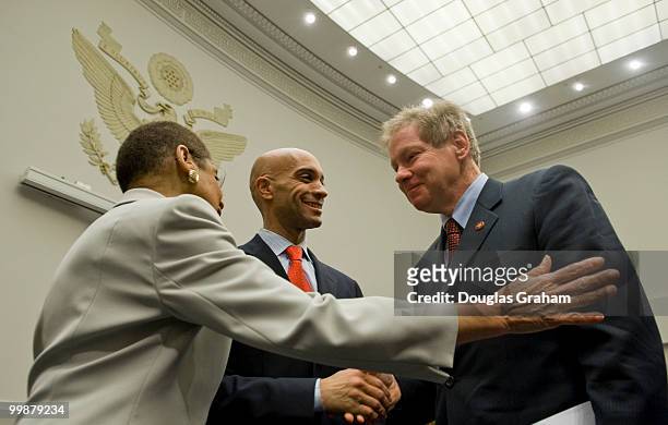 Eleanor Holmes Norton, D-DC, DC mayor Adrian Fenty and former member Tom Davis, D-VA., talk before the start of the hearing on the Constitution,...