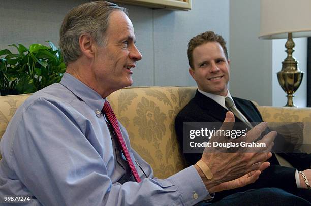 Tom Carper and his staffer Sean Barney during an interview in his office in the Hart Senate Office Building. Barney is a wounded Iraq war veteran.