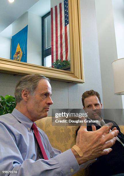 Tom Carper and his staffer Sean Barney during an interview in his office in the Hart Senate Office Building. Barney is a wounded Iraq war veteran.