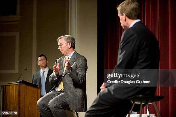 Eric E. Schmidt the CEO of Google and Former Governor of Virginia Mark Warner during a town hall meeting in downtown Blacksburg Virginia at the Lyric...