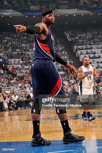 Josh Smith of the Atlanta Hawks reacts in Game One of the Eastern Conference Semifinals against the Orlando Magic during the 2010 Playoffs on May 4,...