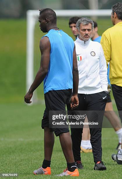 Internazionale Milano head coach Jose Mourinho and Mario Balotelli attend an FC Internazionale Milano training session during a media open day on May...