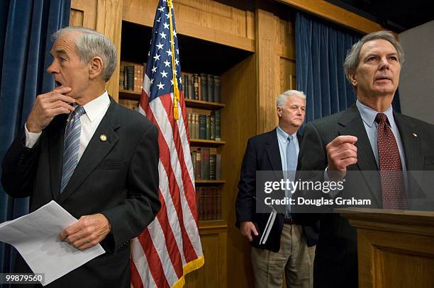 Rep. Ron Paul, R-Texas, Rep. William Delahunt, D-Mass., and Rep. Walter Jones, R-N.C., during a news conference to introduce H.J.Res.53, the...