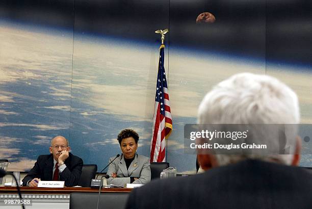 Peter DeFazio, D-OR, and Barbara Lee, D-Calif., listen as Paul Pillar, former national intelligence officer for the Near East and South Asia from...