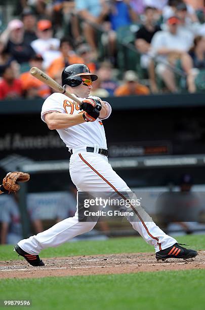 Luke Scott of the Baltimore Orioles bats against the Cleveland Indians at Camden Yards on May 16, 2010 in Baltimore, Maryland.