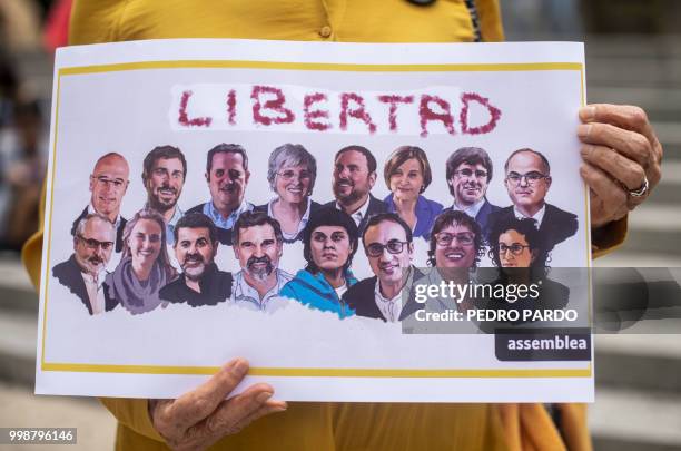 Demonstrator holds a sign showing the picture of the Catalan political prisoners while demanding their release at Angel de la Independencia monument...
