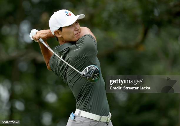 Whee Kim hits a tee shot on the 15th hole during the third round of the John Deere Classic at TPC Deere Run on July 14, 2018 in Silvis, Illinois.