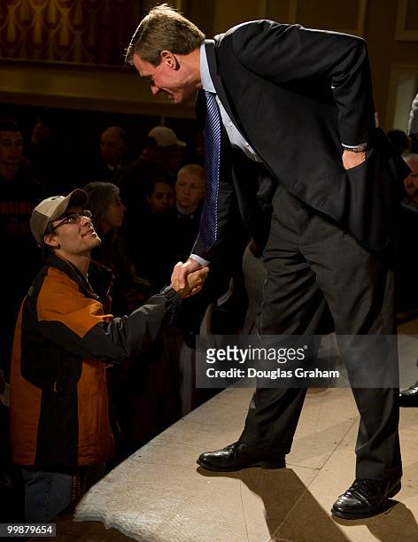 Former Governor of Virginia Mark Warner greets constituents at a town hall meeting in downtown Blacksburg Virginia at the Lyric Theatre on October...