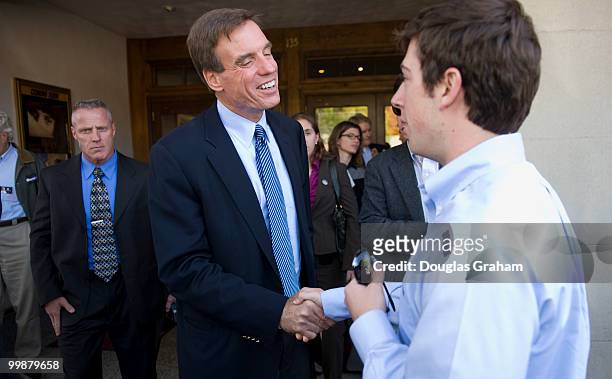 Former Governor of Virginia Mark Warner greets constituents at a town hall meeting in downtown Blacksburg Virginia at the Lyric Theatre on October...