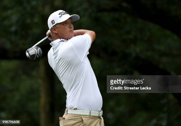 Matt Jones of Australia hits a tee shot on the 15th hole during the third round of the John Deere Classic at TPC Deere Run on July 14, 2018 in...