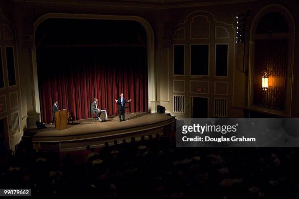 Former Governor of Virginia Mark Warner and Eric E. Schmidt the CEO of Google during a town hall meeting in downtown Blacksburg Virginia at the Lyric...