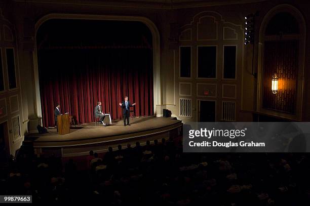 Former Governor of Virginia Mark Warner and Eric E. Schmidt the CEO of Google during a town hall meeting in downtown Blacksburg Virginia at the Lyric...