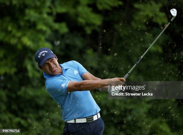 Andres Romero of Argentina hits a shot on the 16th hole during the third round of the John Deere Classic at TPC Deere Run on July 14, 2018 in Silvis,...