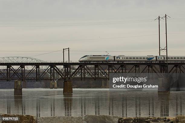 Amtrak train train crosses the historic bridge over the Susquehanna River at Havre de Grace, Maryland on January 17, 2009.