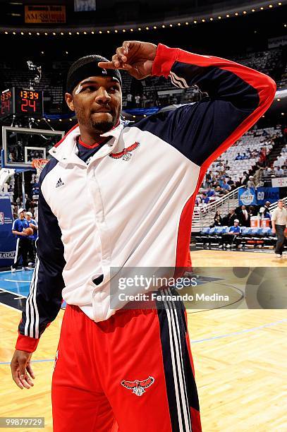 Josh Smith of the Atlanta Hawks stands on the court before playing the Orlando Magic in Game One of the Eastern Conference Semifinals during the 2010...