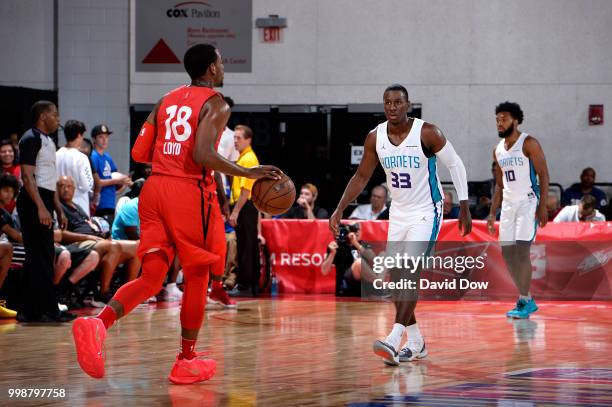 Jordan Loyd of the Toronto Raptors handles the ball against the Charlotte Hornets during the 2018 Las Vegas Summer League on July 14, 2018 at the Cox...