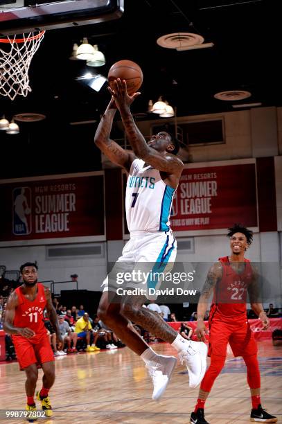 Dwayne Bacon of the Charlotte Hornets shoots the ball against the Toronto Raptors during the 2018 Las Vegas Summer League on July 14, 2018 at the Cox...