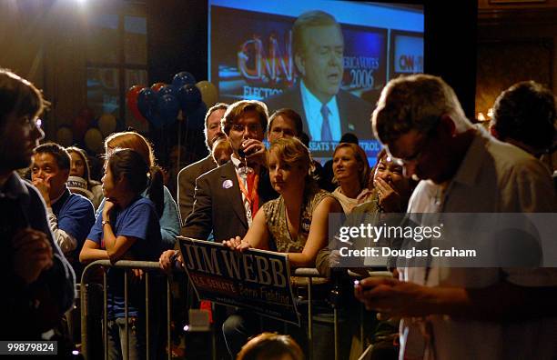 Webb supporters wait and watch the latest results showing Democratic U.S. Senate candidate Jim Webb is up by a small amount of votes during an...