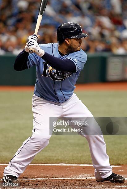 Catcher Dioner Navarro of the Tampa Bay Rays bats against the Seattle Mariners during the game at Tropicana Field on May 16, 2010 in St. Petersburg,...