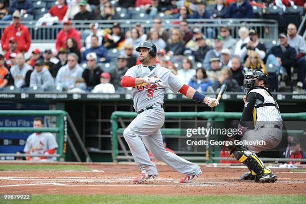 First baseman Albert Pujols of the St. Louis Cardinals bats during a game against the Pittsburgh Pirates at PNC Park on May 9, 2010 in Pittsburgh,...