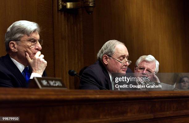 Chairman John Warner, R-VA, Carl Levin, D-MI and Ted Kennedy, D-MA during theIraqi Weapons Program Full committee hearing on the status of Iraqi...