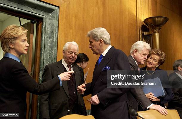 Hillary Clinton, D-NY, Robert Byrd, D-W.VA, Chairman John Warner, R-VA, Ted Kennedy, D-MA, and Elizabeth Dole, R-NC, before the start of the Iraqi...